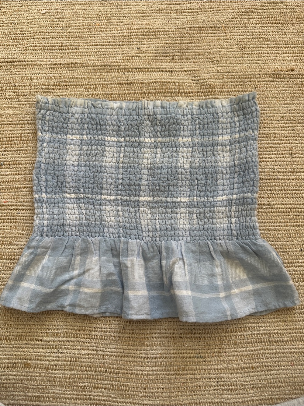 American Eagle Light Blue Plaid Smocked Ruffle Top - Women's